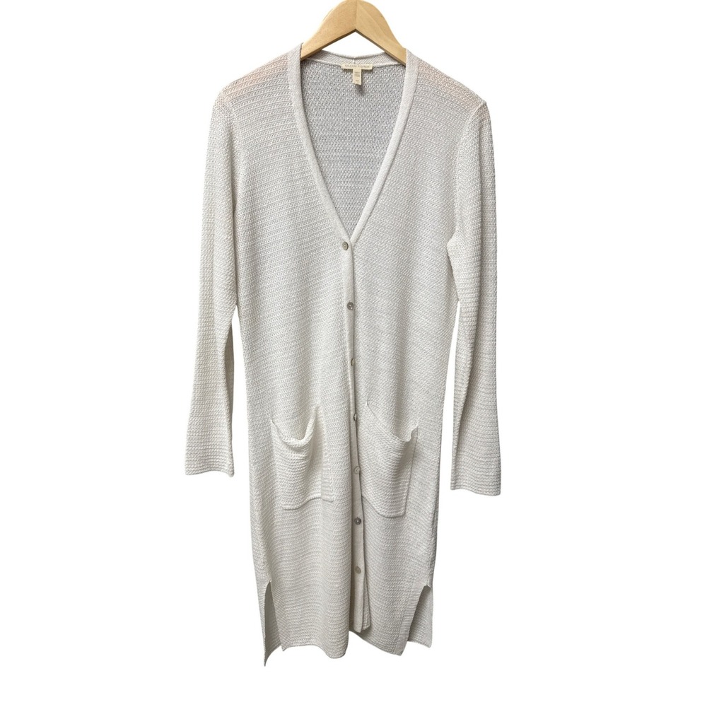 Eileen Fisher Organic Linen Long knit Cardigan Duster Womens S White Minimalist